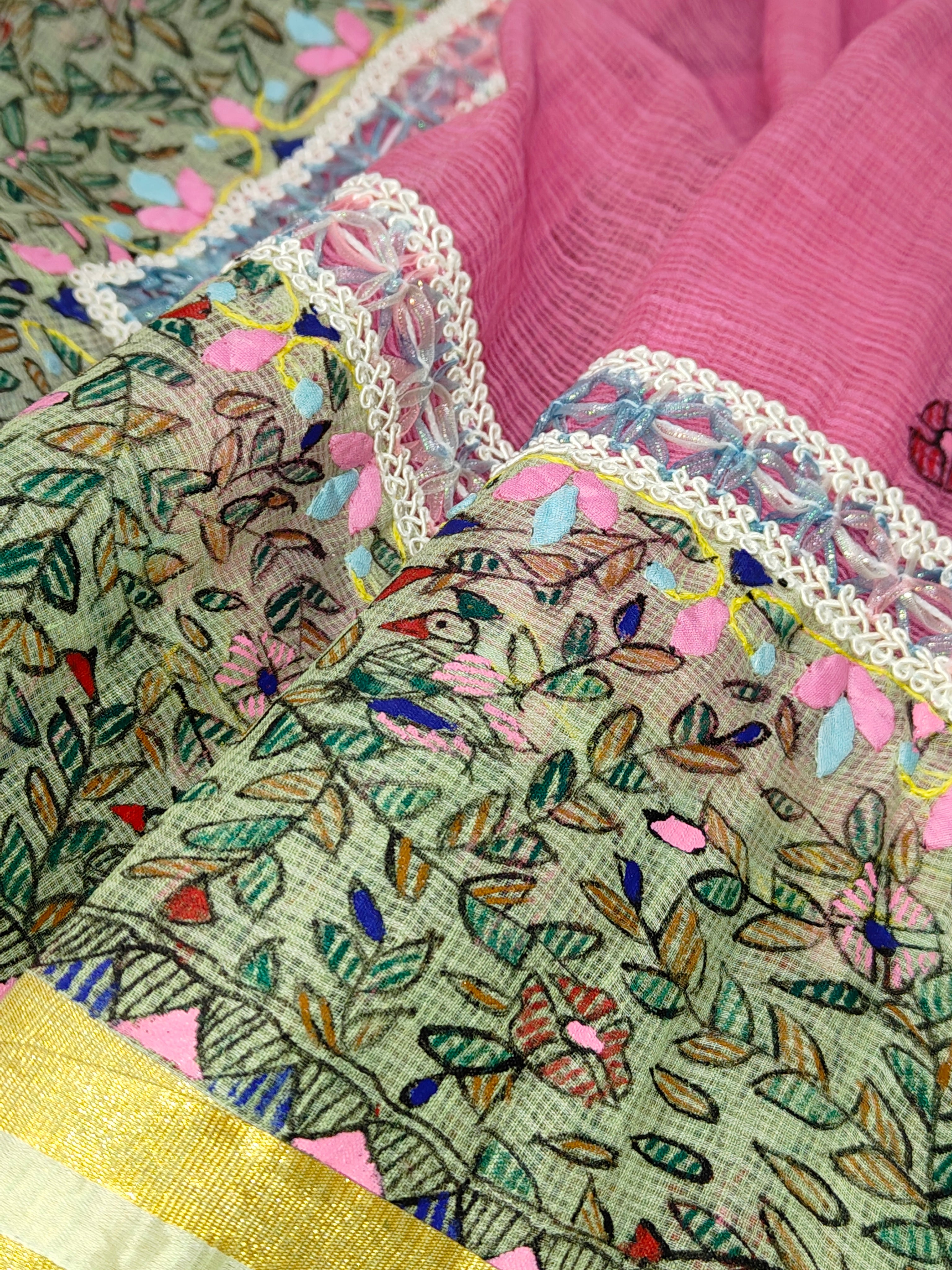 Pastel Green & Pink Soft Kota Doria - Unstitched Suit Set with Phool Patti Work